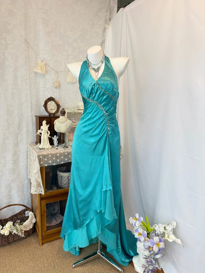 Halter Sheath Satin Prom Dress Retro Evening Gown  P1509