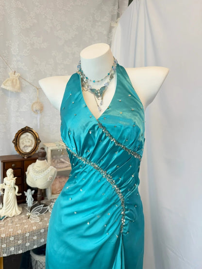 Halter Sheath Satin Prom Dress Retro Evening Gown  P1509