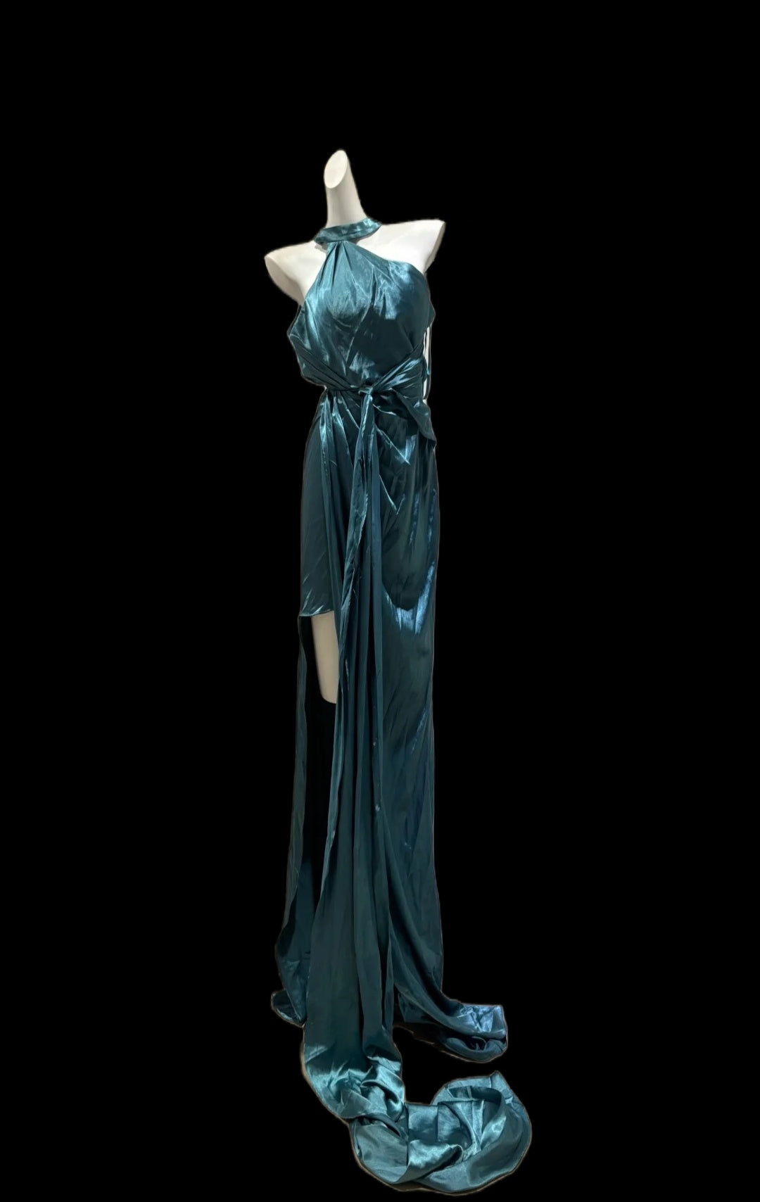 Halter Teal Satin Long Prom Dress With Slit Formal Evening Gowns  P1983
