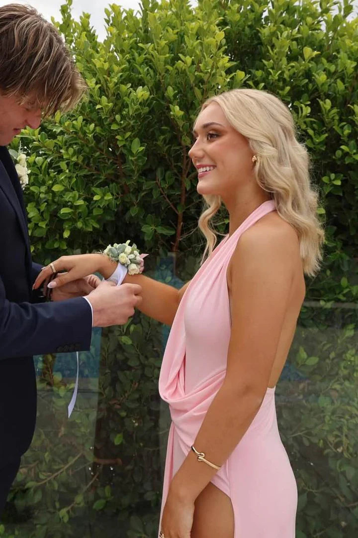 Halter V-Neck Pink Chiffon Long Prom Dress With High Slit  P1157