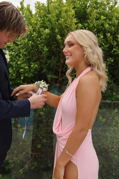 Halter V-Neck Pink Chiffon Long Prom Dress With High Slit  P1157