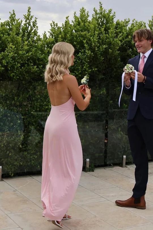 Halter V-Neck Pink Chiffon Long Prom Dress With High Slit  P1157