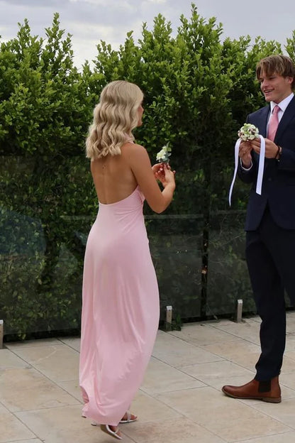 Halter V-Neck Pink Chiffon Long Prom Dress With High Slit  P1157