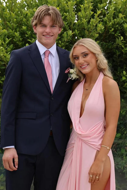 Halter V-Neck Pink Chiffon Long Prom Dress With High Slit  P1157