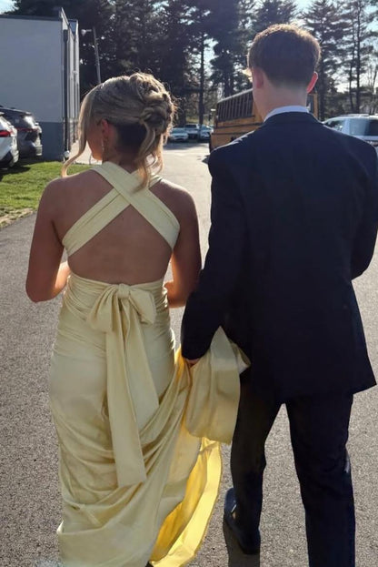 Halter V-Neck Satin Pleats Long Prom Dress With Train  P2564