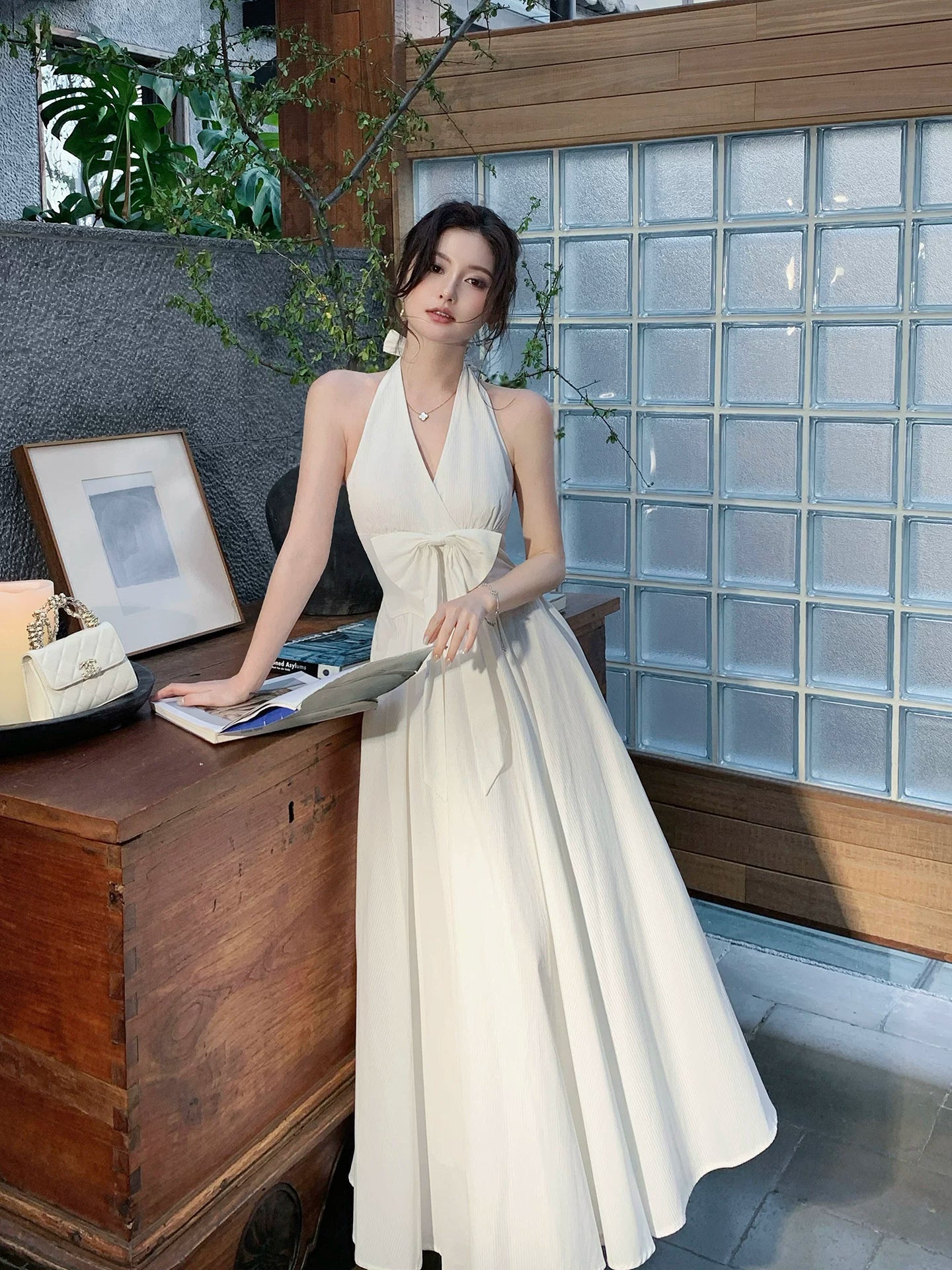 Halter V Neck A Line Wedding Dress with Bow P1623