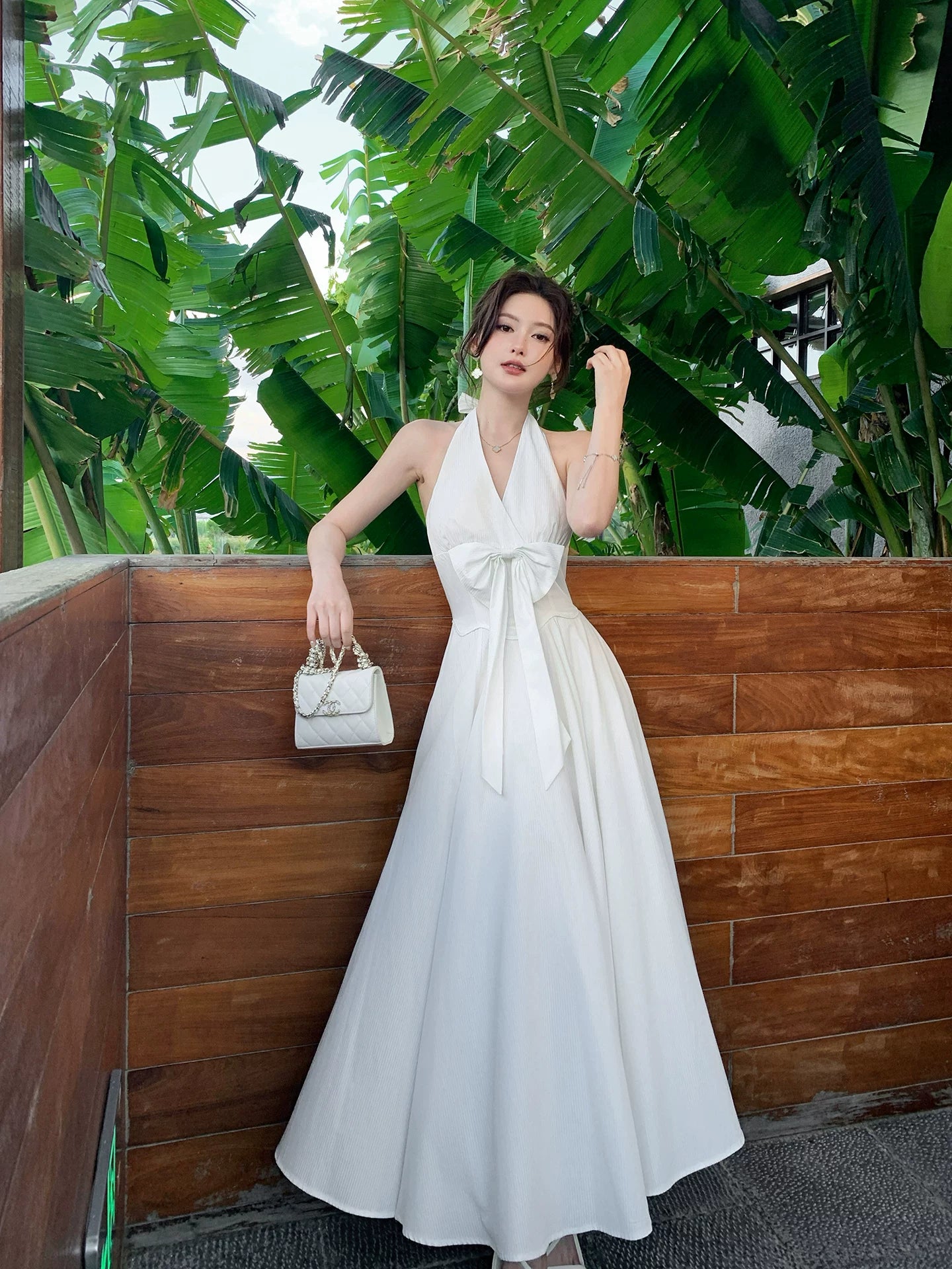 Halter V Neck A Line Wedding Dress with Bow P1623