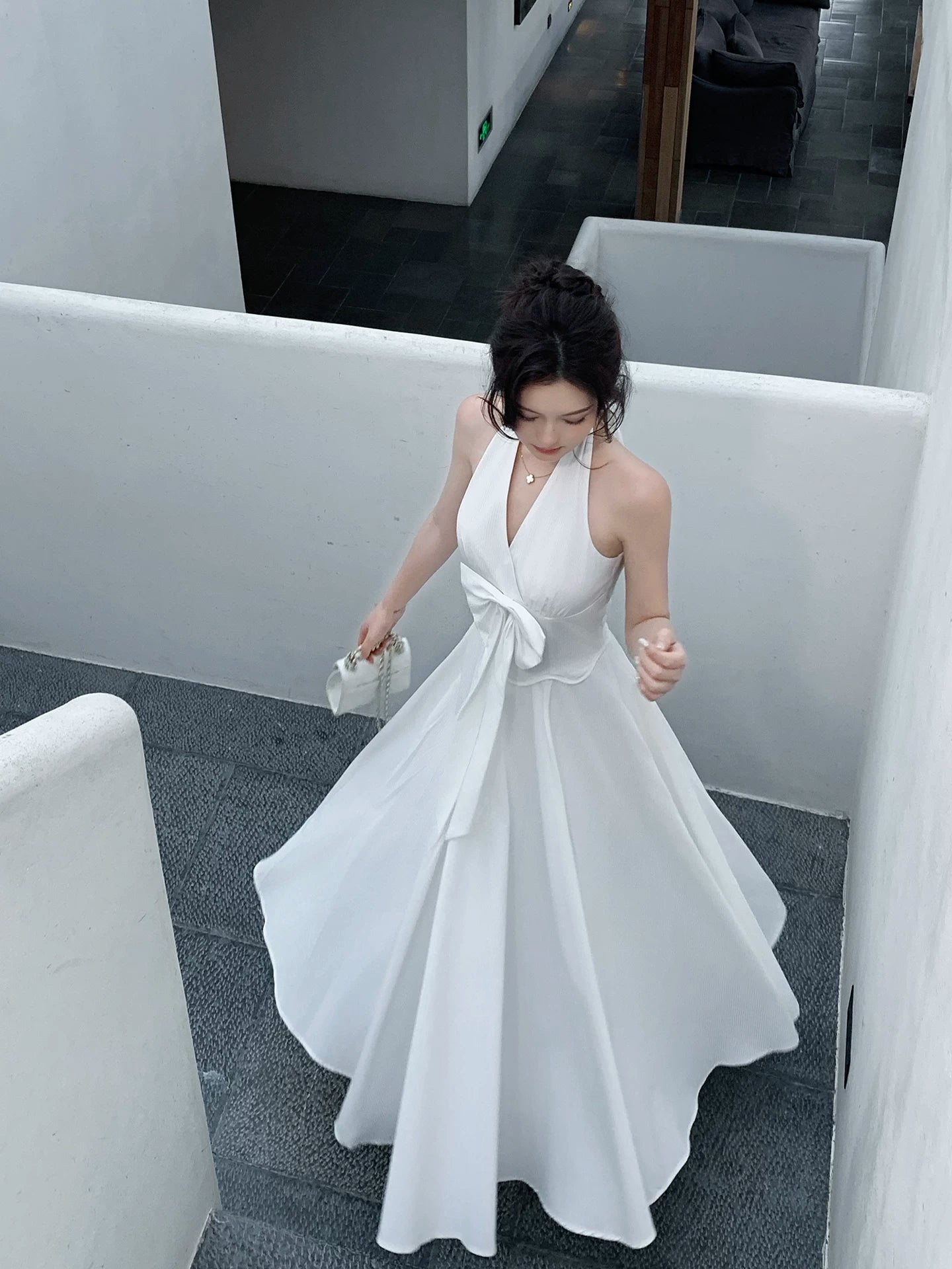 Halter V Neck A Line Wedding Dress with Bow P1623