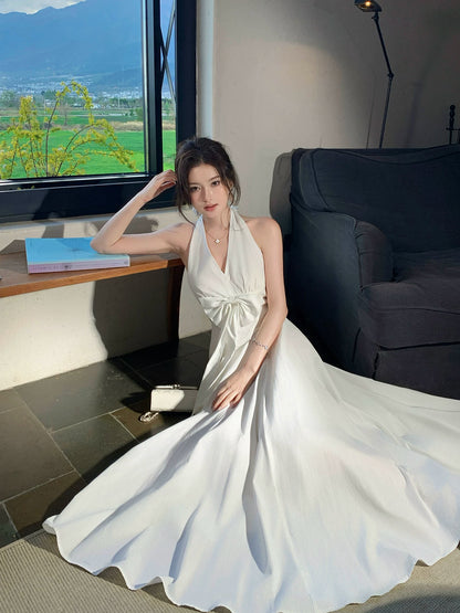 Halter V Neck A Line Wedding Dress with Bow P1623