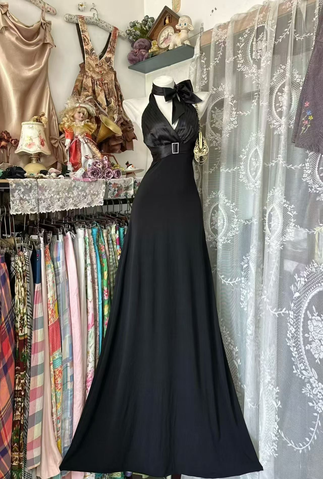 Halter V Neck Black Formal Prom Dress Mermaid Evening Gowns  P2091