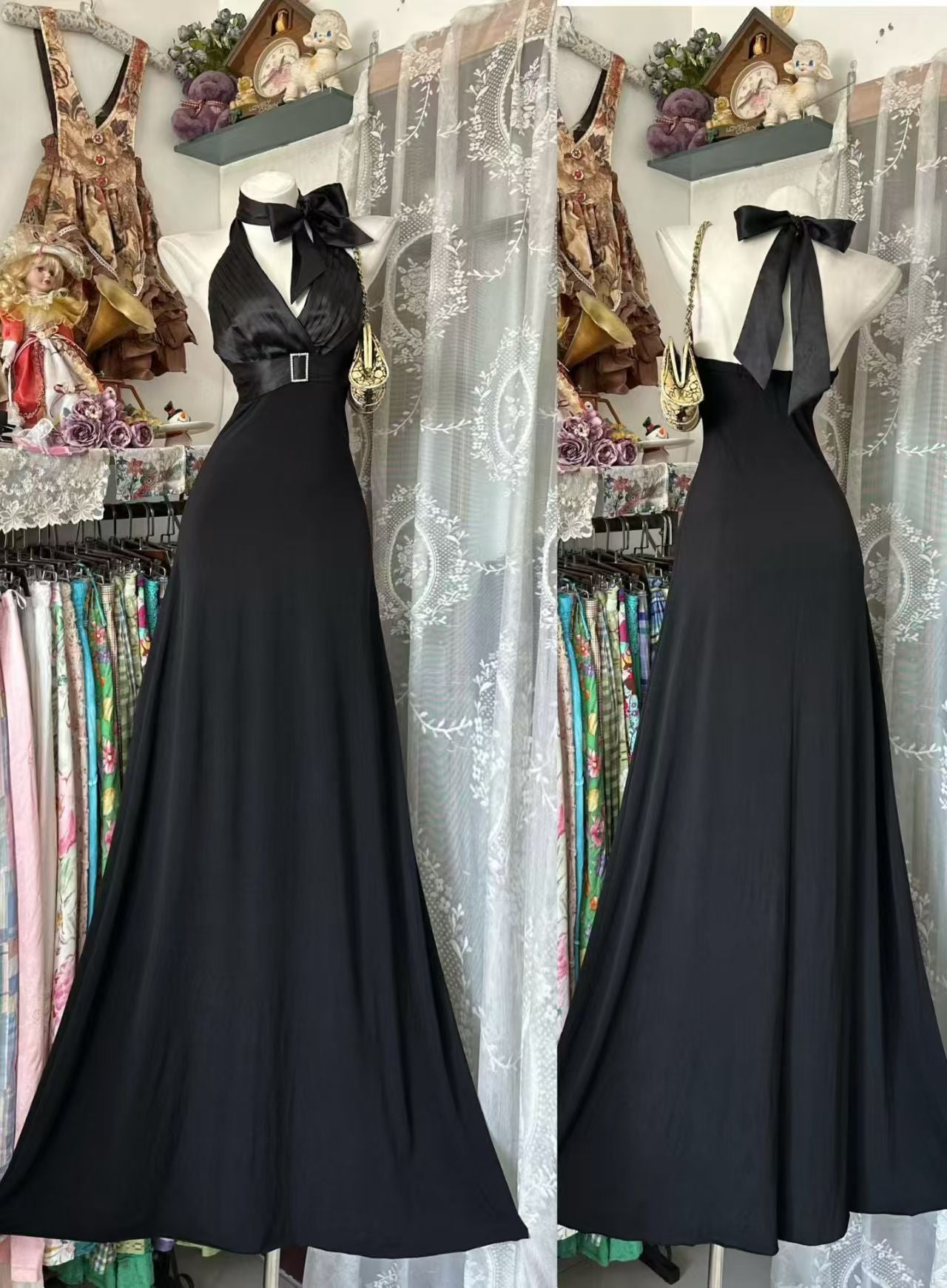 Halter V Neck Black Formal Prom Dress Mermaid Evening Gowns  P2091