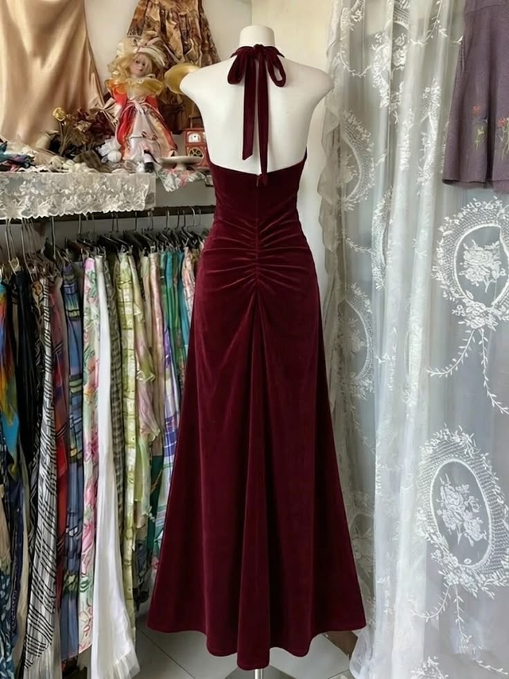 Halter V Neck Burgundy Velvet Prom Dress A Line Evening Dress   P1416
