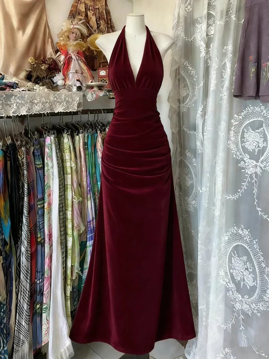 Halter V Neck Burgundy Velvet Prom Dress A Line Evening Dress   P1416