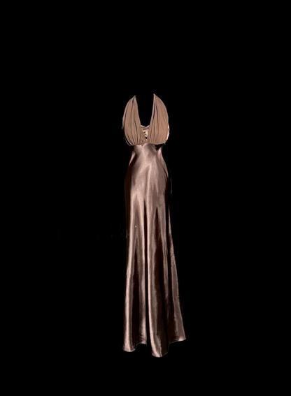 Halter V Neck Satin Prom Dress Ruffle Formal Party Dress  P146