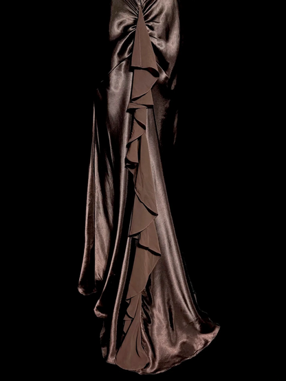 Halter V Neck Satin Prom Dress Ruffle Formal Party Dress  P146