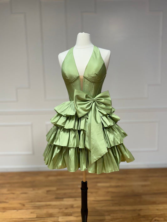 Halter V Neck Green Layered Homecoming Dress Short Party Dress   P1918