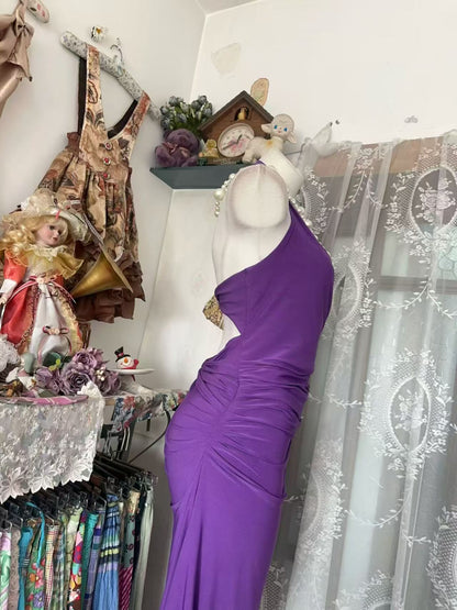 Halter V Neck Purple Evening Dress Open Back Cocktail Dress  P2046