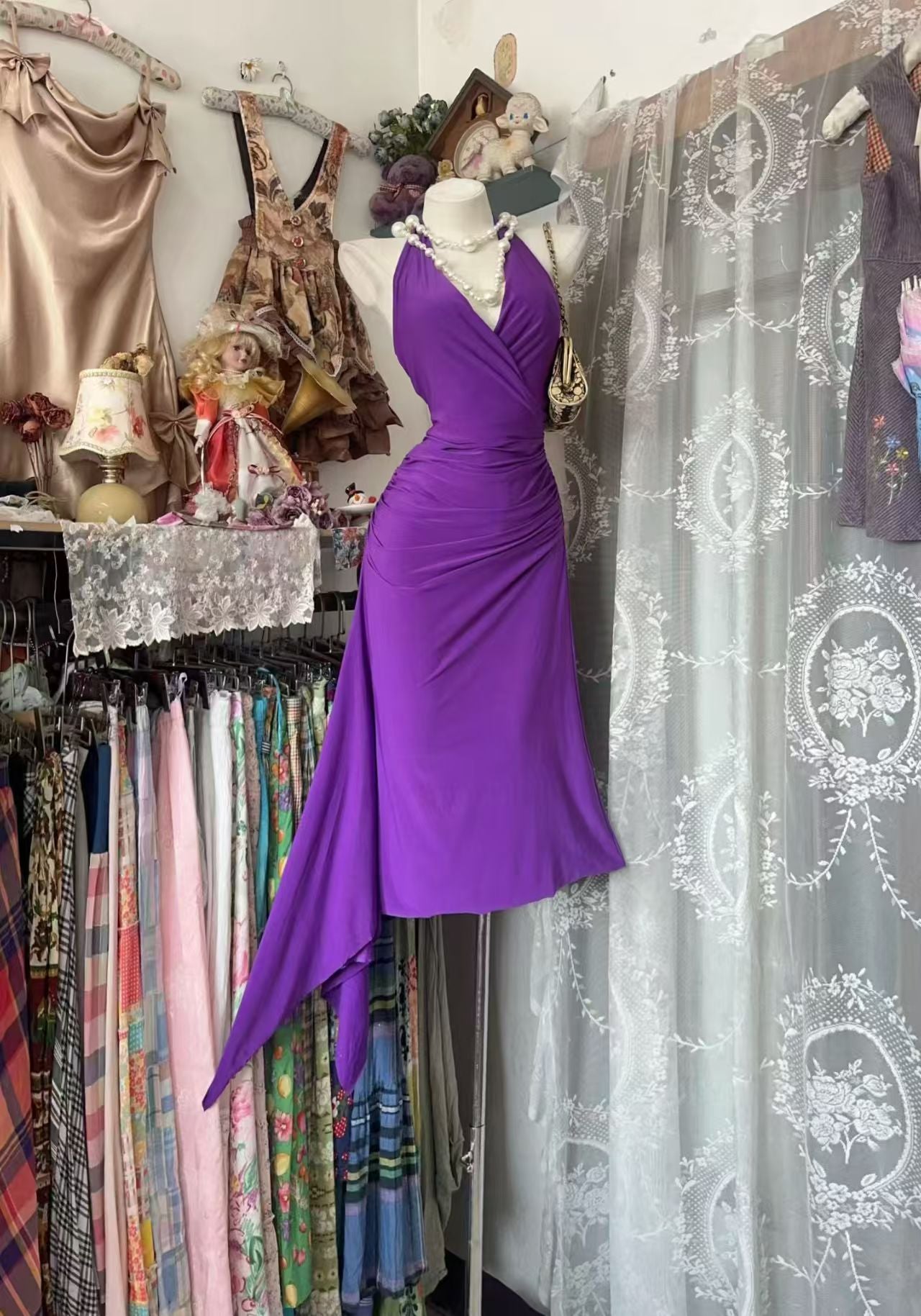 Halter V Neck Purple Evening Dress Open Back Cocktail Dress  P2046