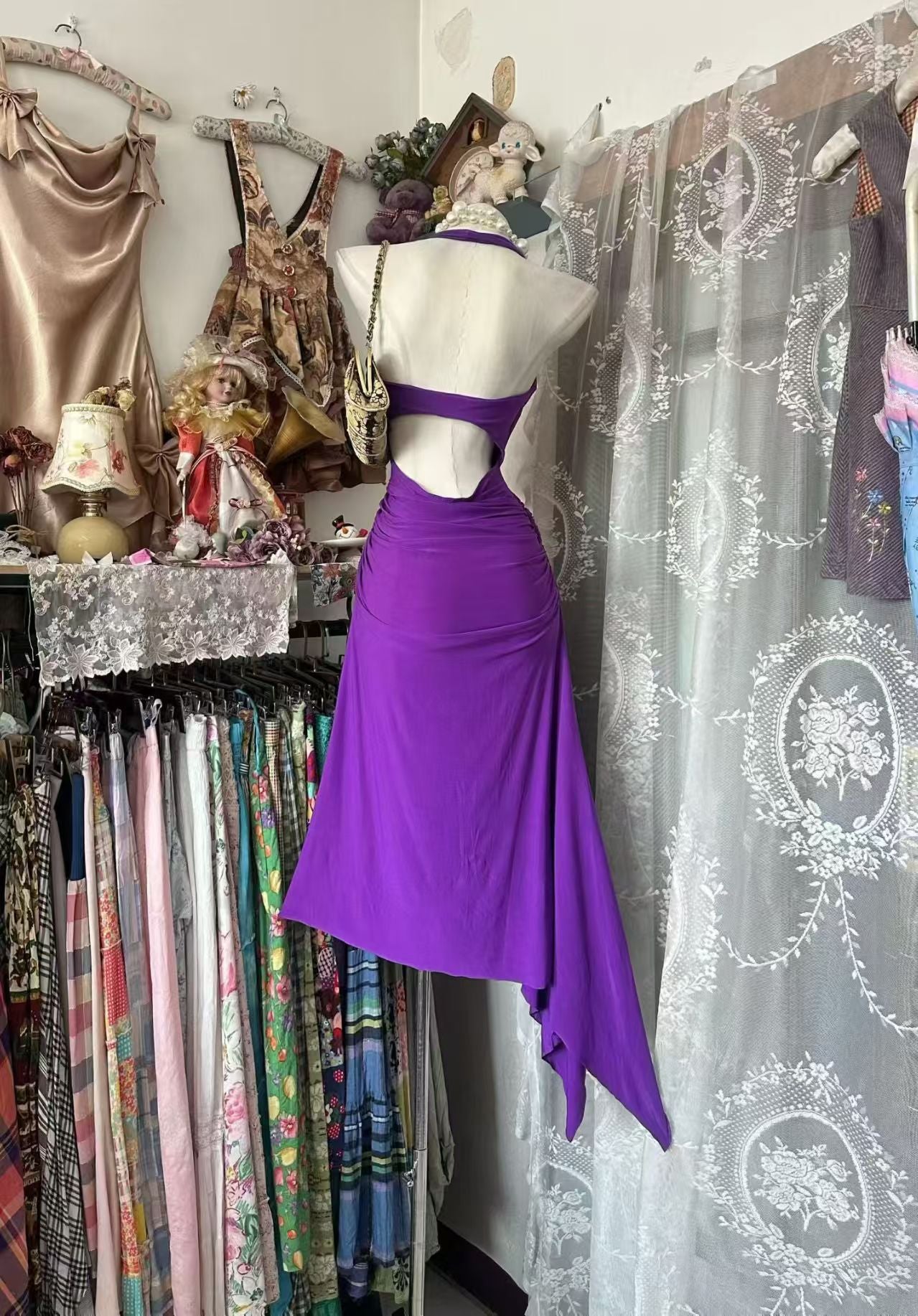 Halter V Neck Purple Evening Dress Open Back Cocktail Dress  P2046