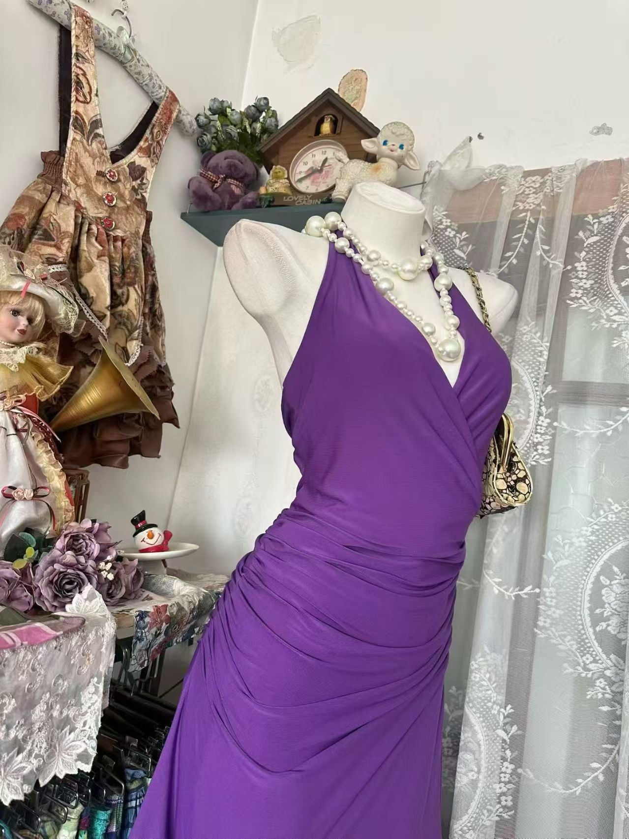 Halter V Neck Purple Evening Dress Open Back Cocktail Dress  P2046