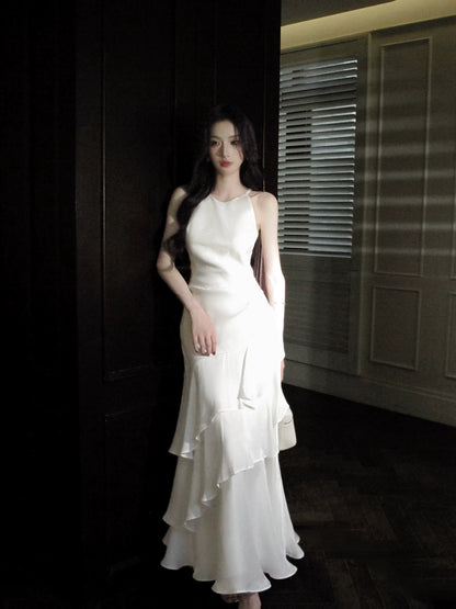 Halter White Layered Evening Dress Chiffon Wedding  Dress  P1518
