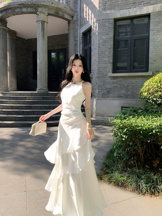 Halter White Layered Evening Dress Chiffon Wedding  Dress  P1518