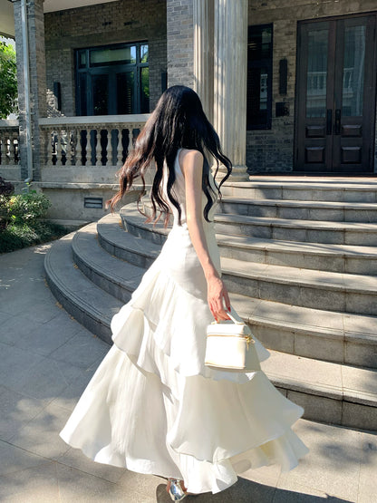 Halter White Layered Evening Dress Chiffon Wedding  Dress  P1518
