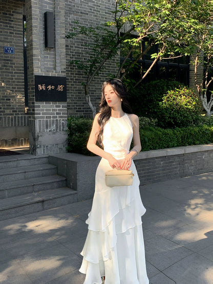 Halter White Layered Evening Dress Chiffon Wedding  Dress  P1518