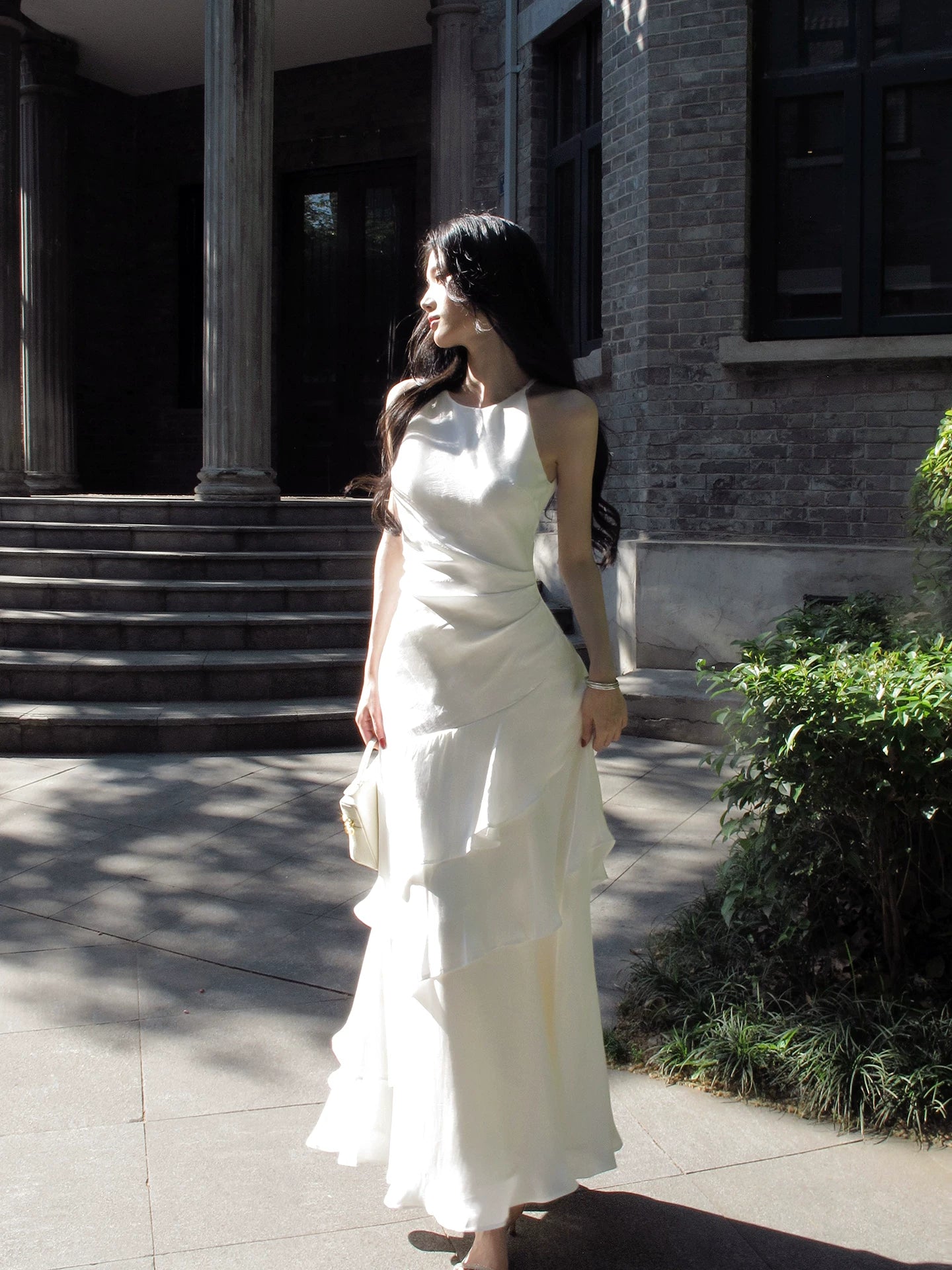 Halter White Layered Evening Dress Chiffon Wedding  Dress  P1518