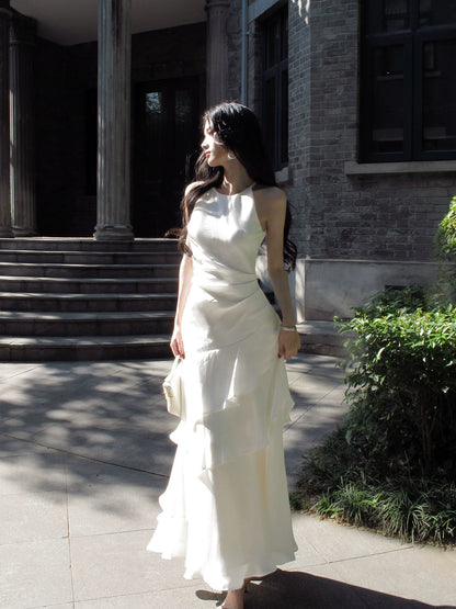 Halter White Layered Evening Dress Chiffon Wedding  Dress  P1518