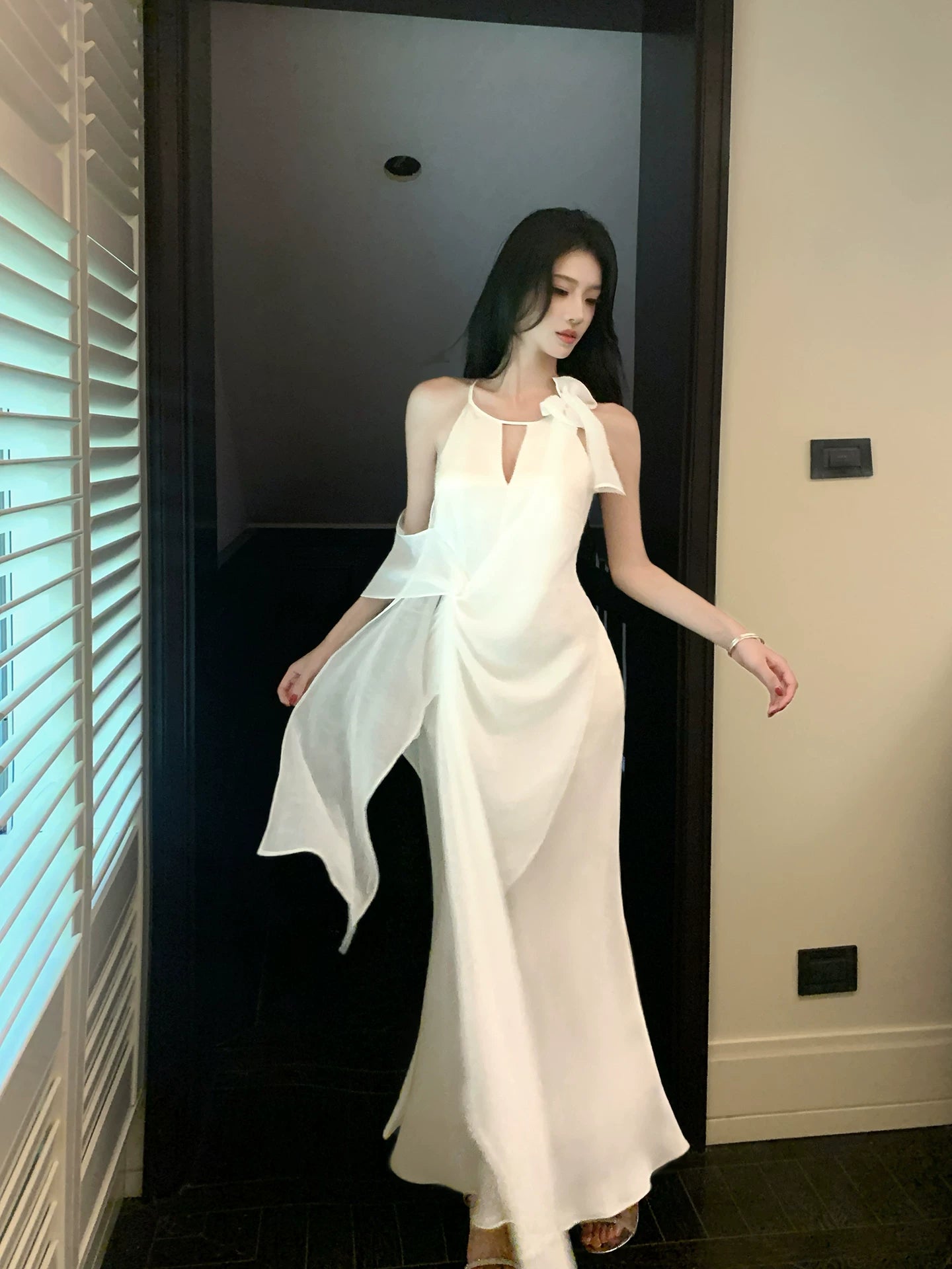 Halter White Mermaid Evening Dress  P1644