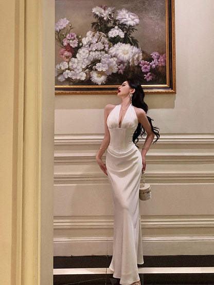 Halter White Satin Evening Dress Sheath Formal Dress  P633