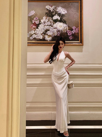 Halter White Satin Evening Dress Sheath Formal Dress  P633