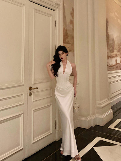 Halter White Satin Evening Dress Sheath Formal Dress  P633
