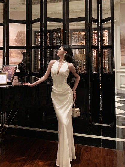 Halter White Satin Evening Dress Sheath Formal Dress  P633