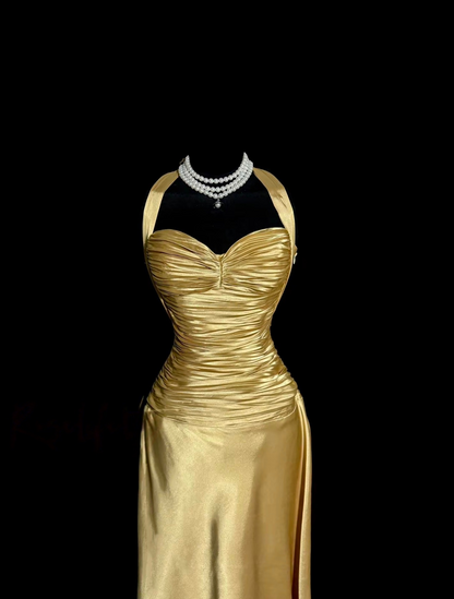 Halter Yellow Satin Prom Dress Formal Evening Dress   P1248