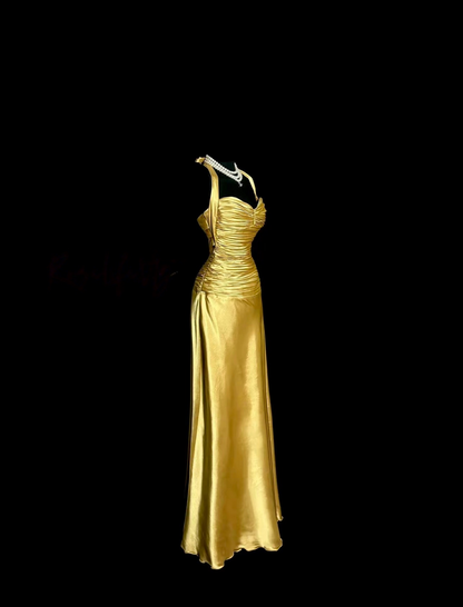 Halter Yellow Satin Prom Dress Formal Evening Dress   P1248
