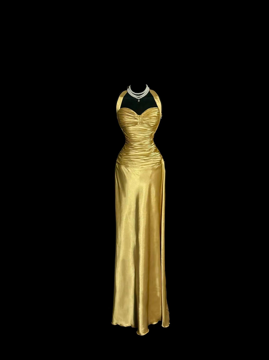Halter Yellow Satin Prom Dress Formal Evening Dress   P1248