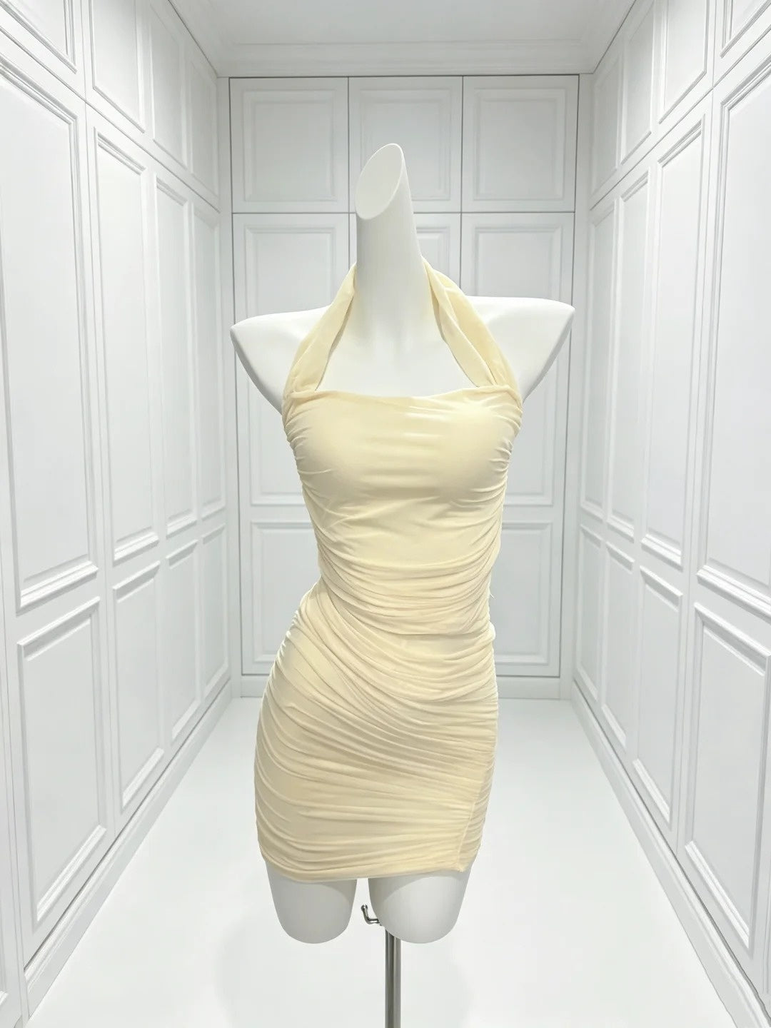 Halter Yellow Sheath Pleated Homecoming Dress  P2404