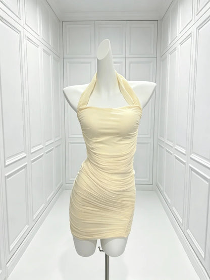 Halter Yellow Sheath Pleated Homecoming Dress  P2404