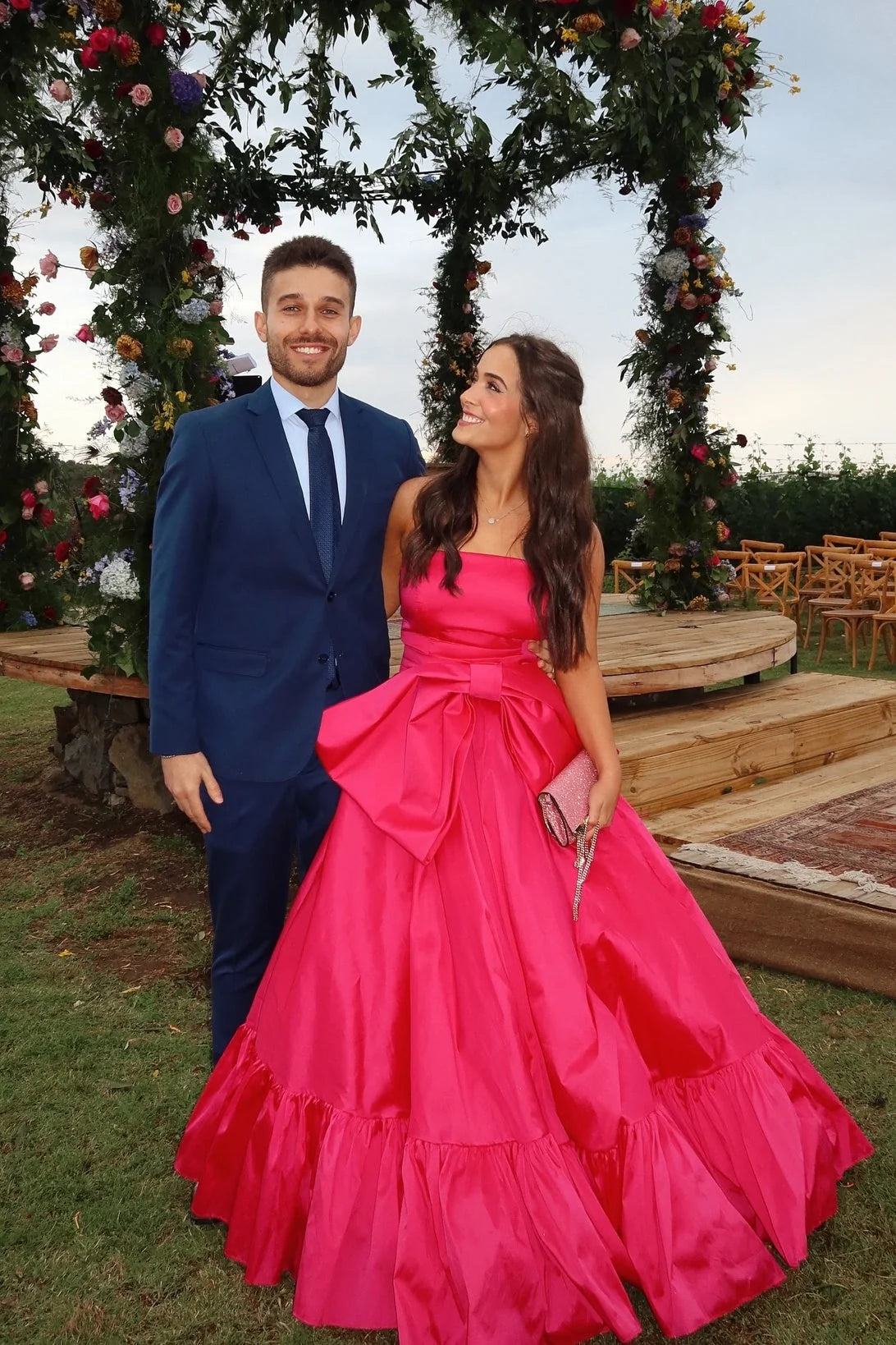 Hot Pink Strapless Front Bow A-Line Long Prom Dress P2551