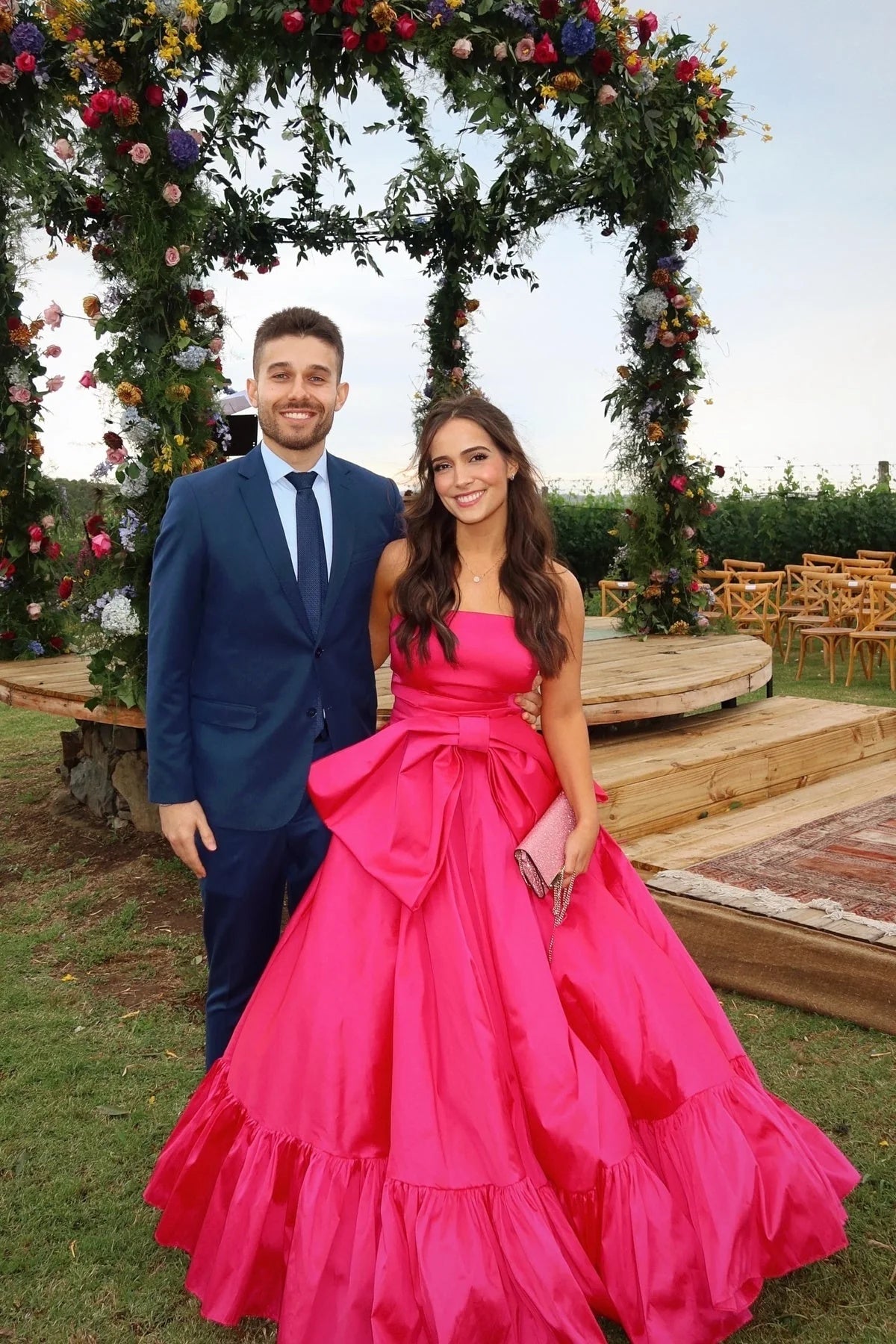 Hot Pink Strapless Front Bow A-Line Long Prom Dress P2551