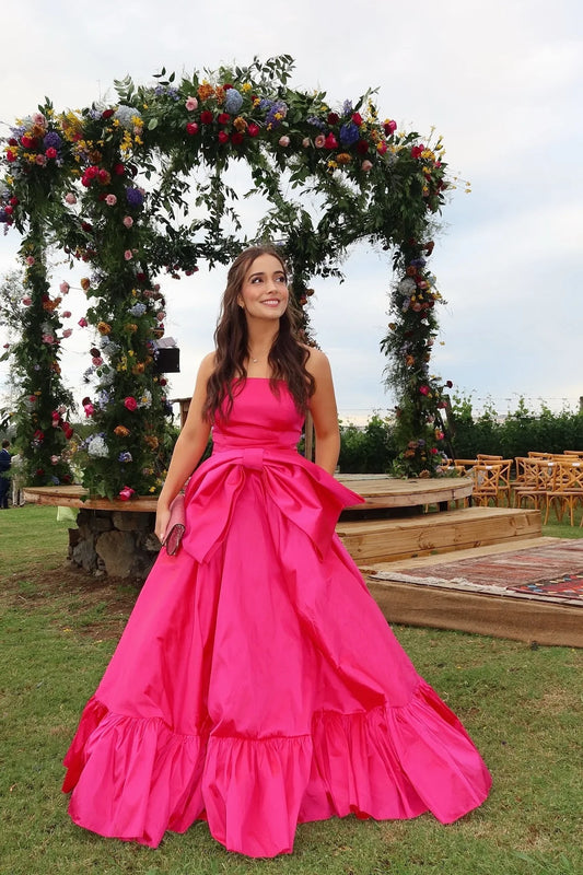 Hot Pink Strapless Front Bow A-Line Long Prom Dress P2551