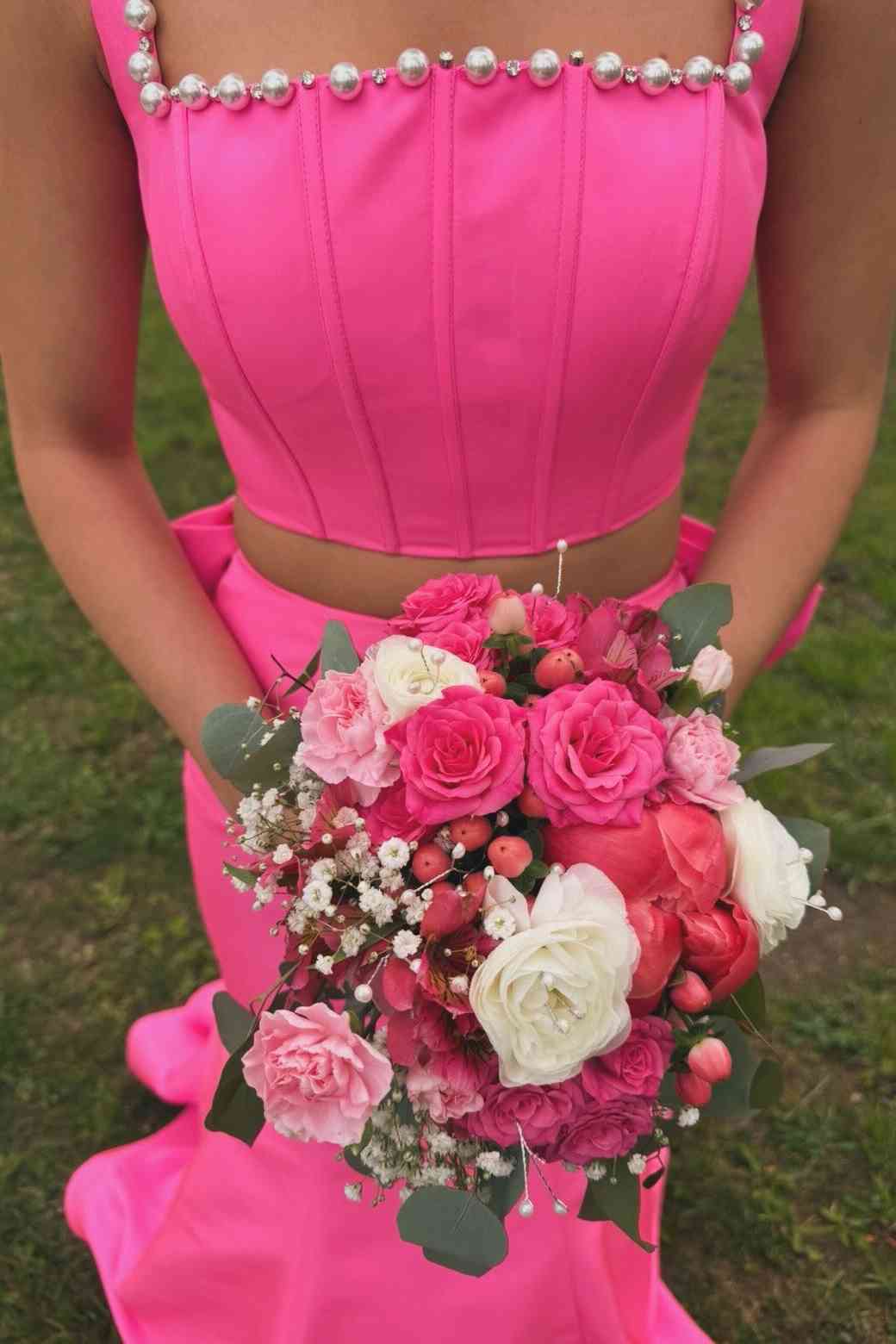 Hot Pink Two-Piece Mermaid Long Dress With Pearl  P2470