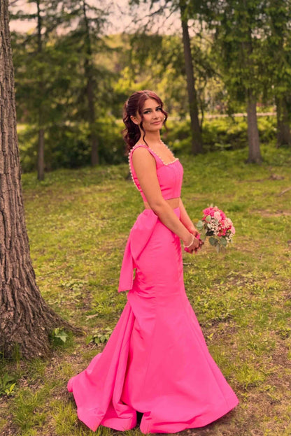 Hot Pink Two-Piece Mermaid Long Dress With Pearl  P2470