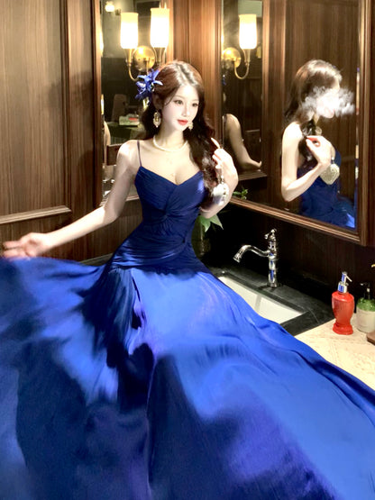 Irregular Blue Spaghetti Strap Prom  Dress A Line Formal Party Gown  P745