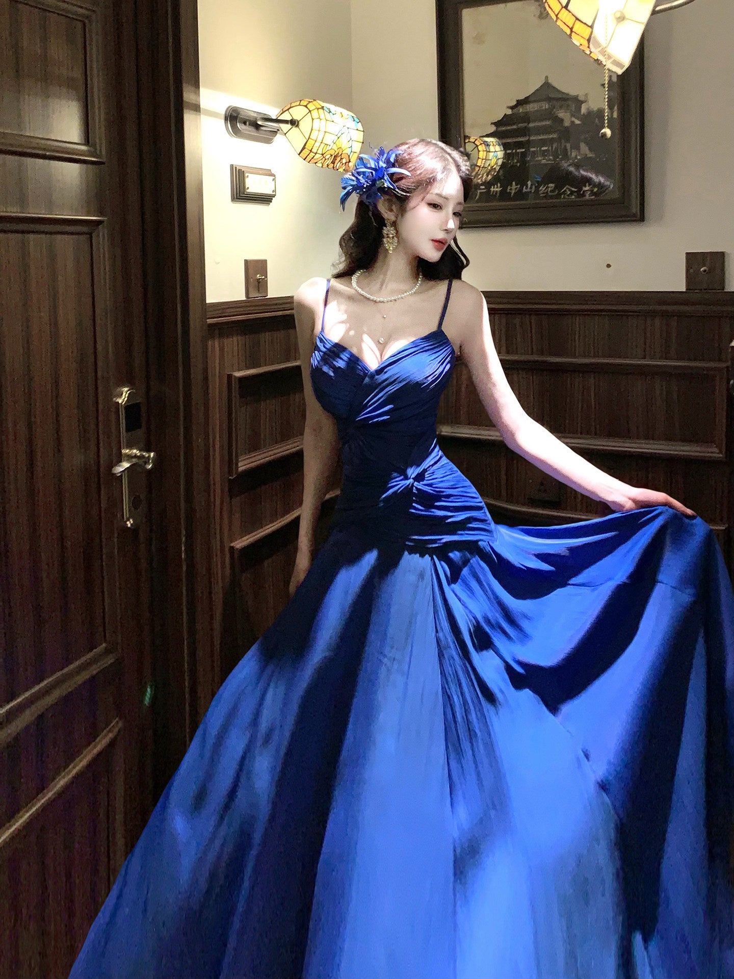 Irregular Blue Spaghetti Strap Prom  Dress A Line Formal Party Gown  P745