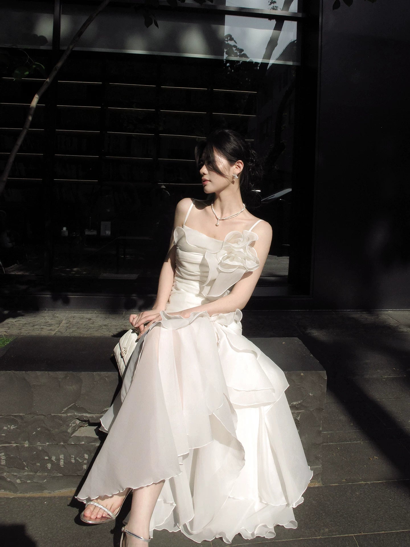 Irregular Ruffled  A Line Wedding Dress Chiffon Formal Dress  P1658