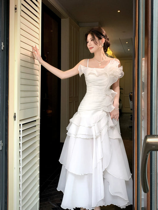 Irregular Ruffled  A Line Wedding Dress Chiffon Formal Dress  P1658