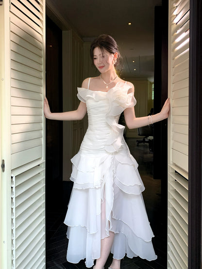 Irregular Ruffled  A Line Wedding Dress Chiffon Formal Dress  P1658